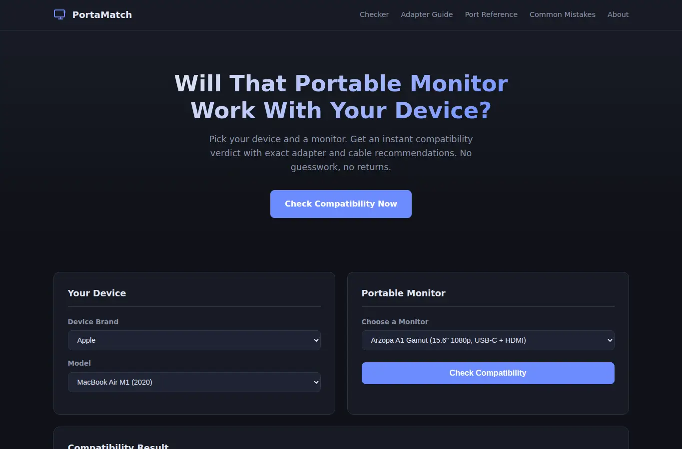 Screenshot of Portable Monitor Compatibility Checker interface showing the project page in use